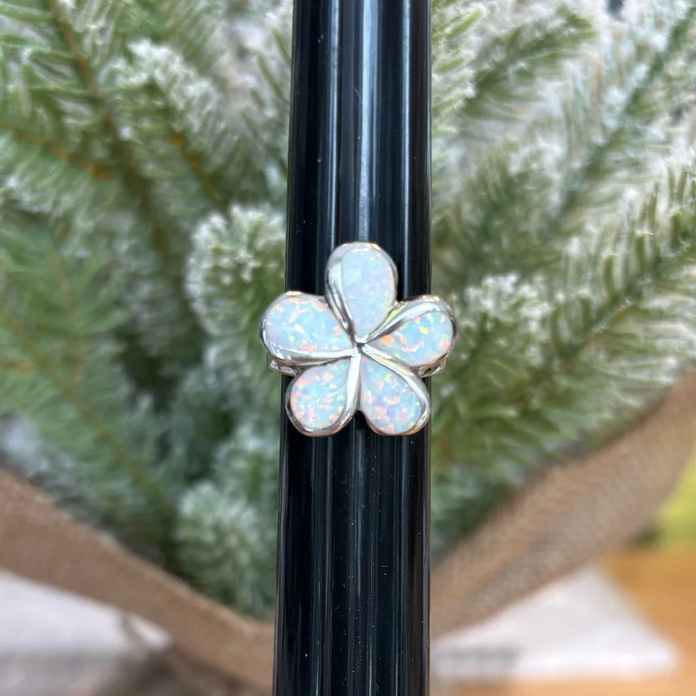 Stunning Opal Inlay Flower Ring solid Sterling Silver 925 Artisan Made sz 6 7/8 - Picture 2 of 12